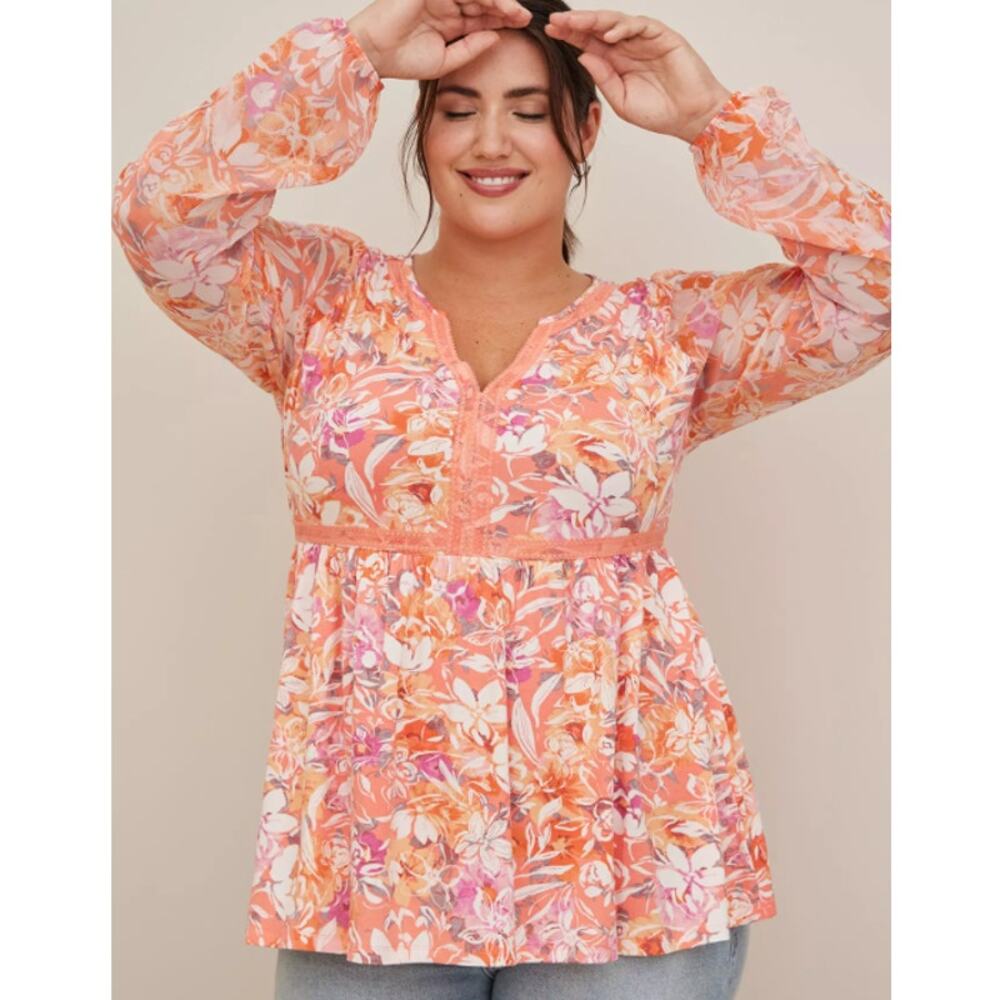Torrid Babydoll Fabric Mix Super Soft Balloon Chiffon Sleeve Top 2XL